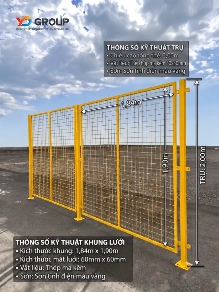 Hàng rào cách ly nhà xưởng khung 1.84m x 1.90m, trụ 2m, mắt lưới 60x60mm